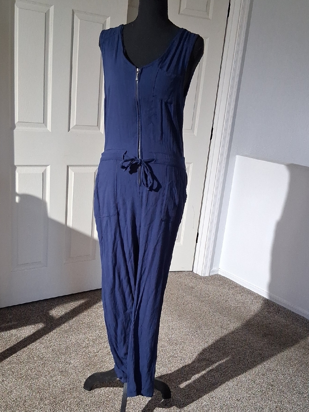 Sleeveless Navy Zip-Front Jumpsuit with Tie Waist & Side Buttons